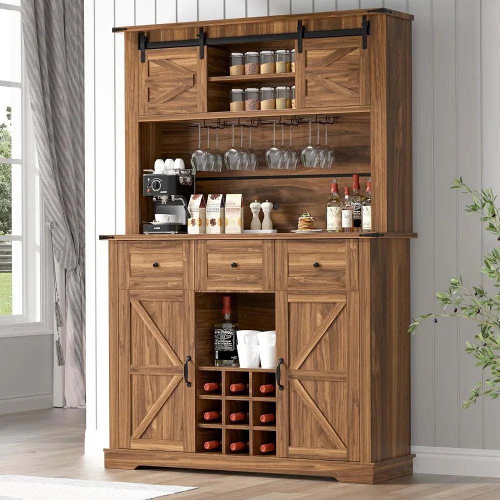 Farmhouse Coffee Bar Cabinet,72" Hutch Cabinet with Storage, Buffet Sideboard with Adjustable Shelves, Sliding Barn Door, Wine &