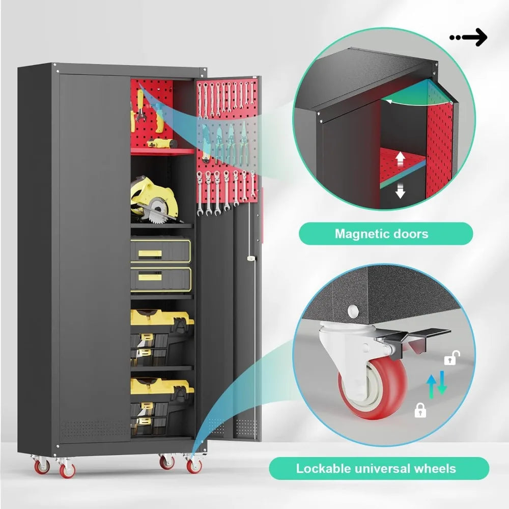 71" Metal Garage Storage Cabinet, Metal Garage Cabinets with Wheels,Tool Storage Cabinet with 5 Adjustable Shelves, Locking Stee