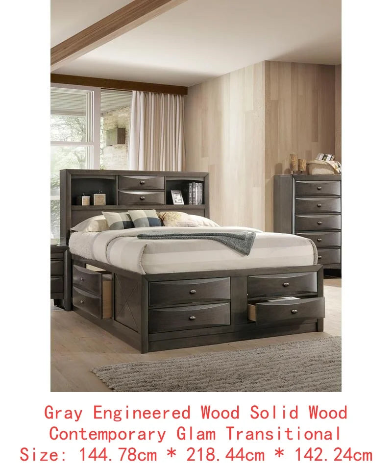 Contemporary King Size Bed Set with 2 Nightstands and Headboard in Gray - 3 Piece Bedroom Furniture