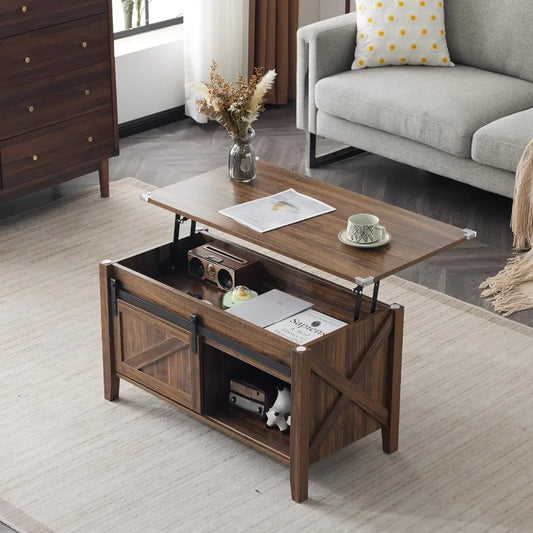36inch Small Farmhouse Barn Door Coffee Table with Lift Top and Hidden Storage Rectangular Wooden Living Room Table with Liftin