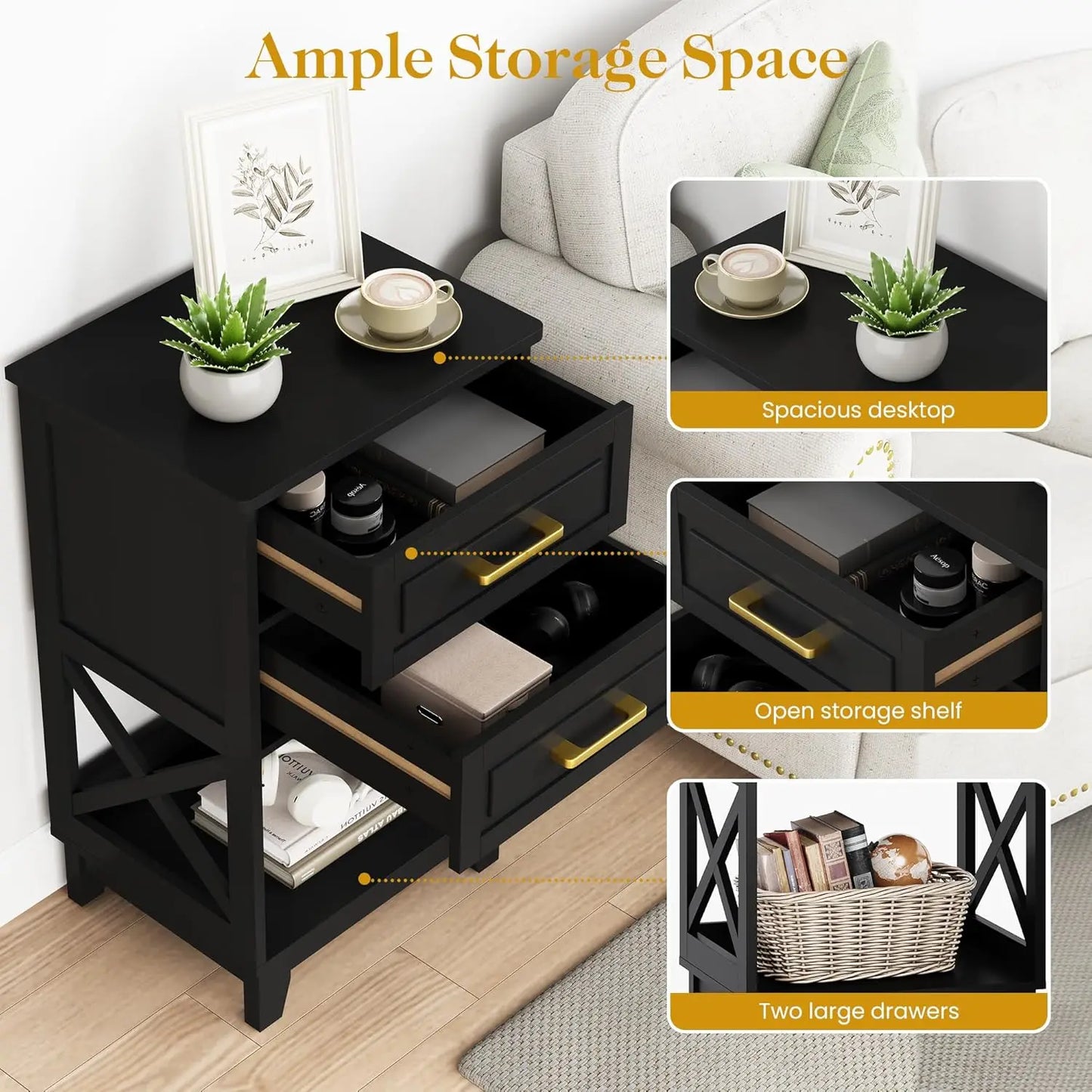 30" Tall Nightstand Set of 2, Black Beside Table with 2 Drawers and Open Shelf Below, Modern Night Stand End Table for Bedroom,