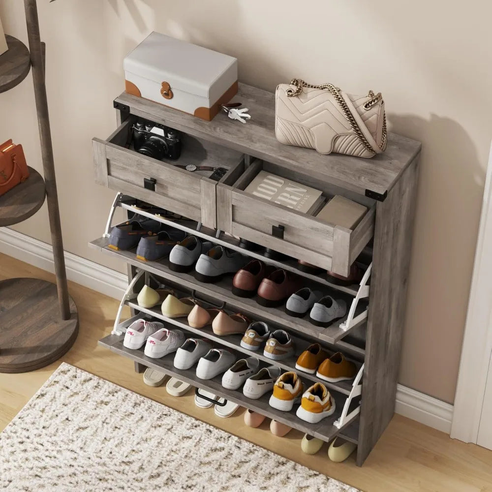 Shoe Cabinet with 2 Flip Drawers & 2 Drawers,Farmhouse Shoe Storage Cabinet for Entryway,Slim Freestanding Narrow Organizer Rack