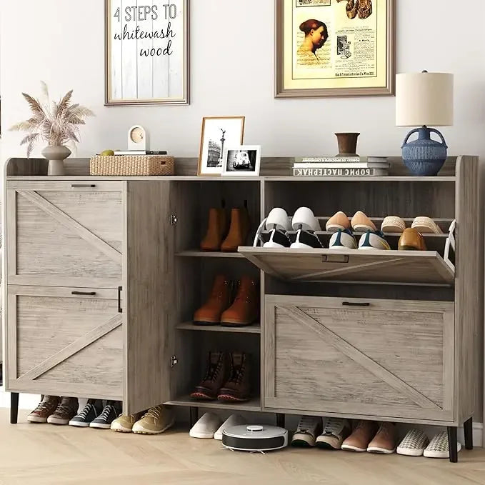 Large Shoe Cabinet with 4 Flip Drawers, Farmhouse Narrow Shoe Organizer Cabinet for Entryway, Hidden Shoe Rack w/ Adjustable Sto