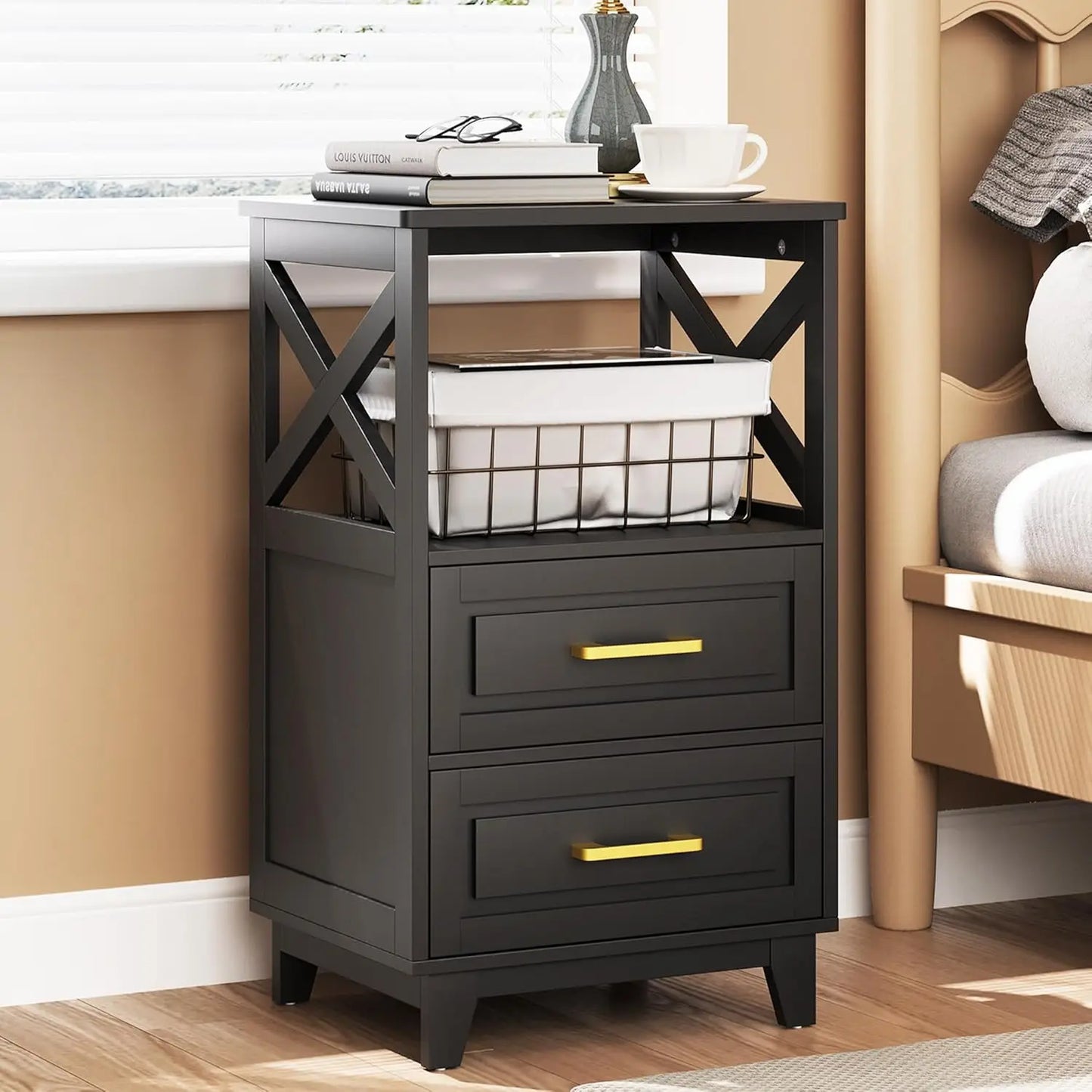 30" Tall Nightstand Set of 2, Black Beside Table with 2 Drawers and Open Shelf Below, Modern Night Stand End Table for Bedroom,
