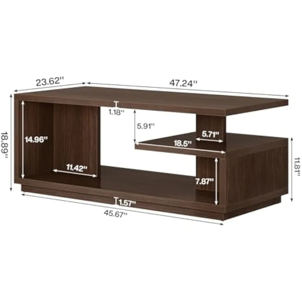 47.24" Coffee Table with Storage Shelf, Mid-Century Modern Center Table, 3-Tier Rectangle Wooden Tea Table with Thick Base