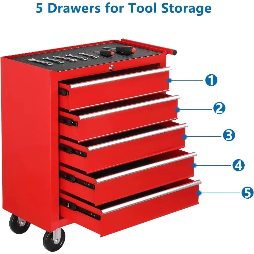 5-Drawer Rolling Tool Chest with Lockable Wheels | Storage Cabinet for Tools, Top Cushion & Liners for Garage and Workshop