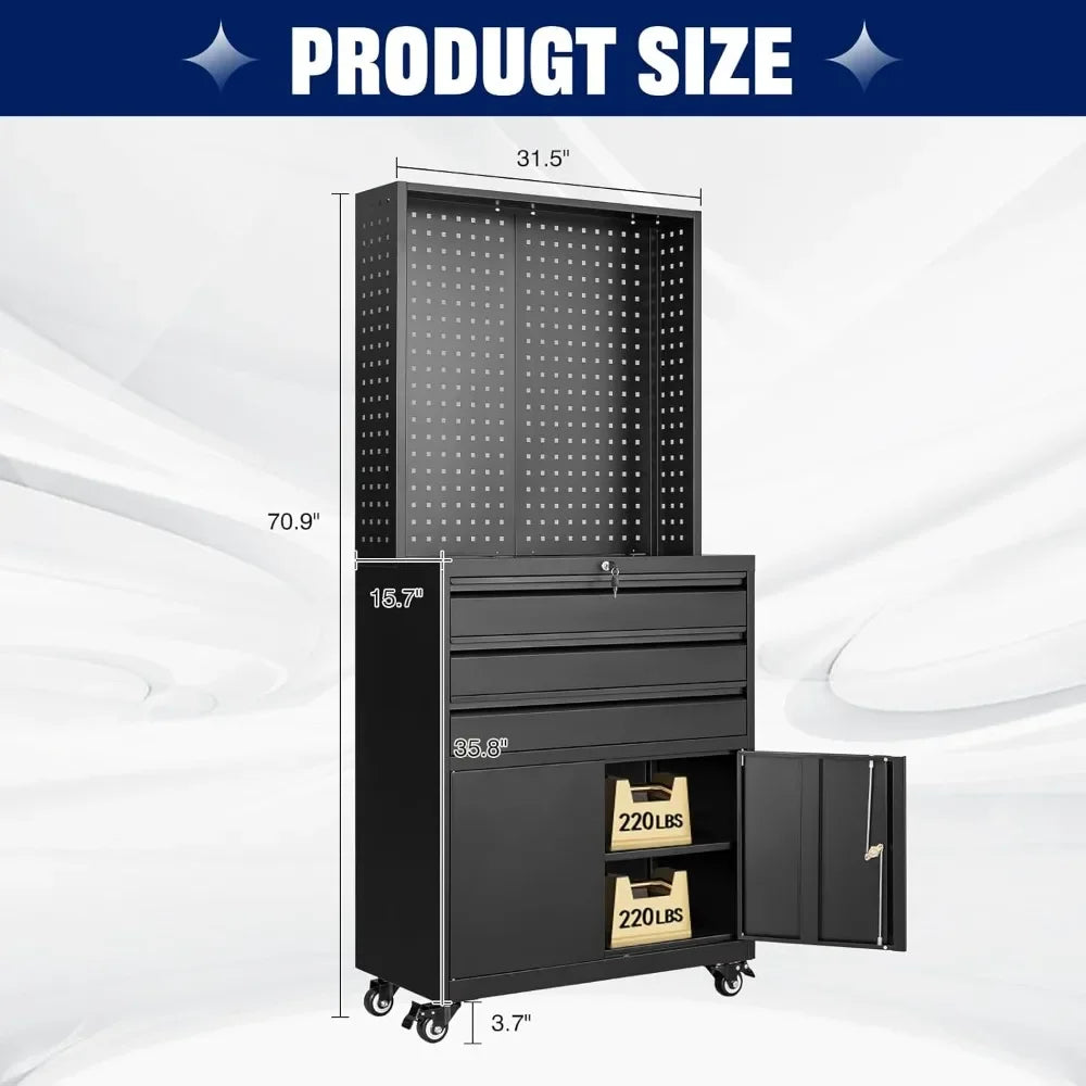 Metal Garage Storage Cabinet with Wheels,3-Drawer Rolling Tool Cabinet with 2 Door and Adjustable Shelves,