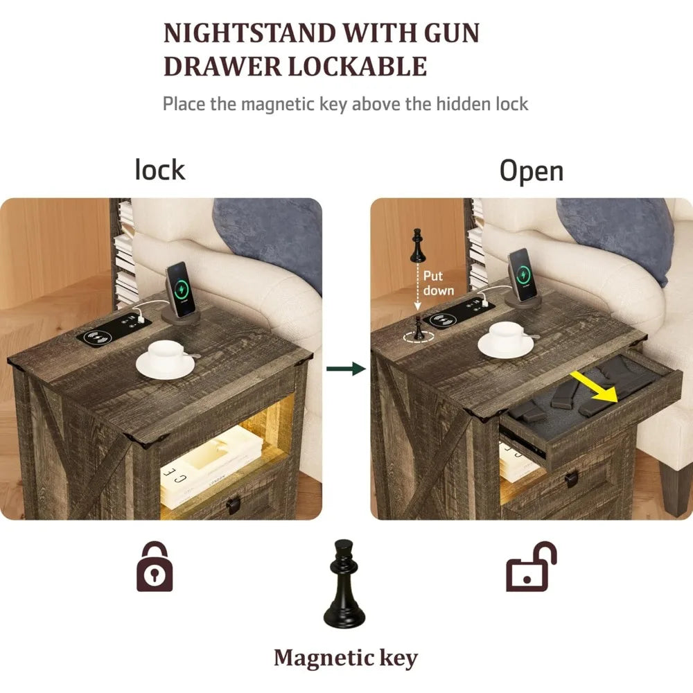 Farmhouse LED Nightstand with Gun Drawer&Invisible Lock,Modern Bedside Table with Human Sensor Design,Rustic Side Table