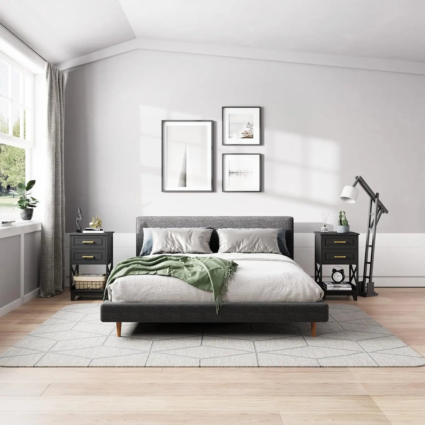 30" Tall Nightstand Set of 2, Black Beside Table with 2 Drawers and Open Shelf Below, Modern Night Stand End Table for Bedroom,