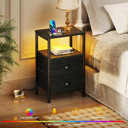 Nightstands Set of 2, End Tables w/Charging Station and LED Lights,Night Stands with 2 Fabric Drawers, Bedside Tables Set of 2