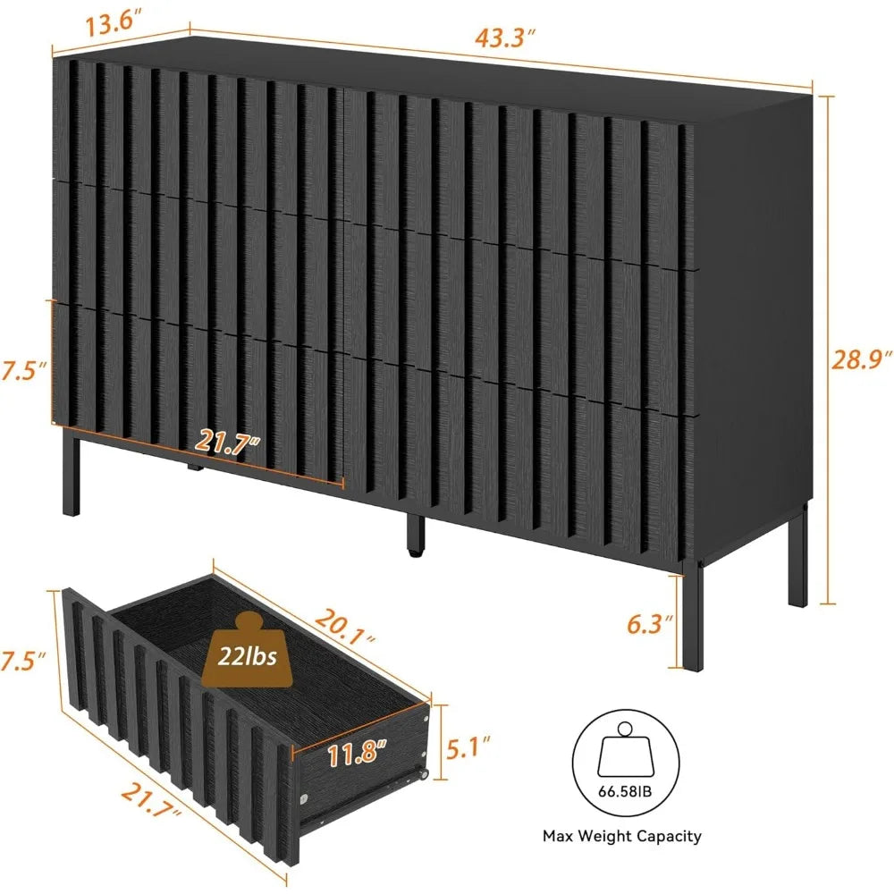 Modern 6-Drawer Solid Wood Dresser and Pair of Nightstands Set, 43" Wide for Bedroom