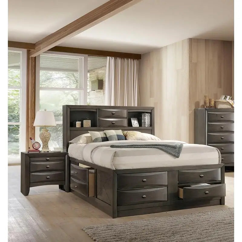 Contemporary King Size Bed Set with 2 Nightstands and Headboard in Gray - 3 Piece Bedroom Furniture