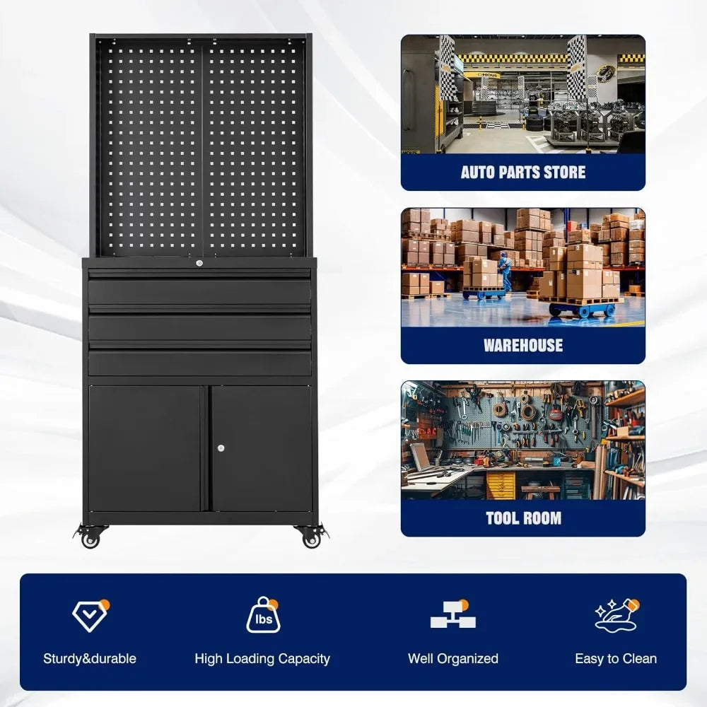 Metal Garage Storage Cabinet with Wheels,3-Drawer Rolling Tool Cabinet with 2 Door and Adjustable Shelves,