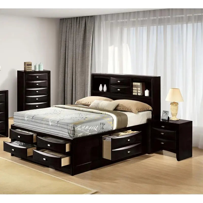 Contemporary Full Size Bed & 2 Nightstands with Headboard Bookcase in Black 3pc Bedroom Furniture Set