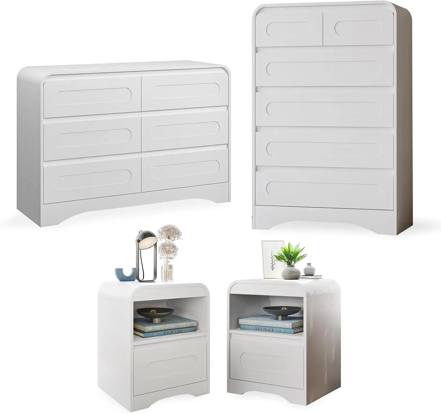 4 Pcs Bedroom Set, Dresser and Nightstand Sets, Including Modern Wooden Tall 6 Drawer Dresser, Wide 6 Drawers Dresser