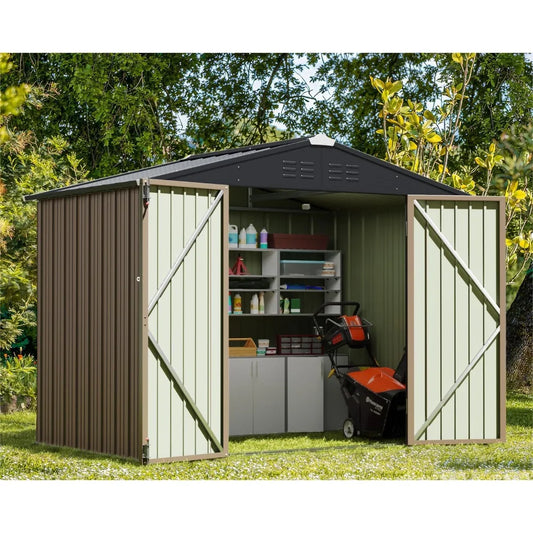 Outdoor Storage Shed 6 x 8 ft. Utility Tool Shed Metal Storage Garden Shed with Door & Lock for Patio Storage, Brown