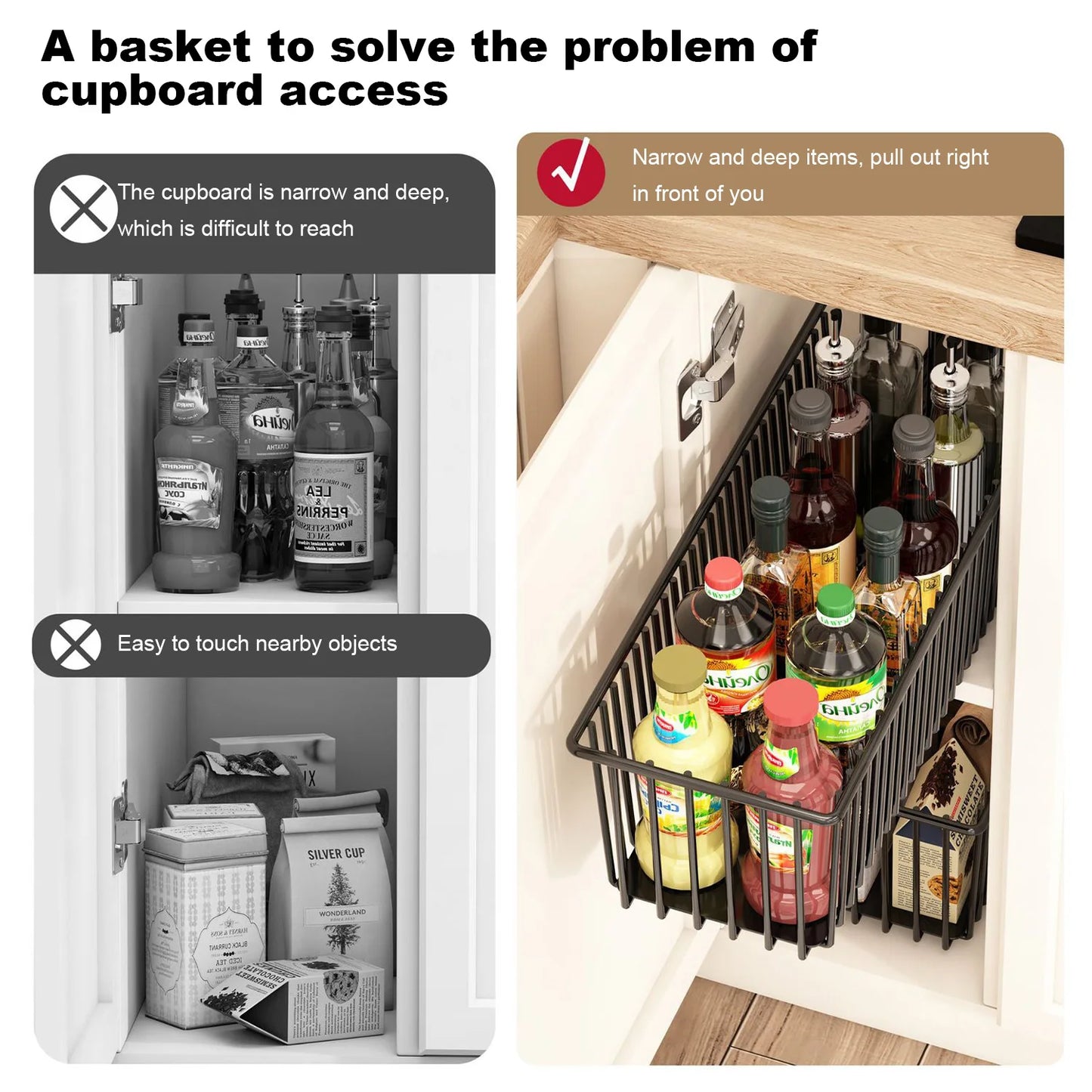 Pull Out Cabinet Organizer, 2 Pack Slide Out Drawers Pantry Shelves Under Sink Clutter Organizer, Storage for Kitchen Bathroom