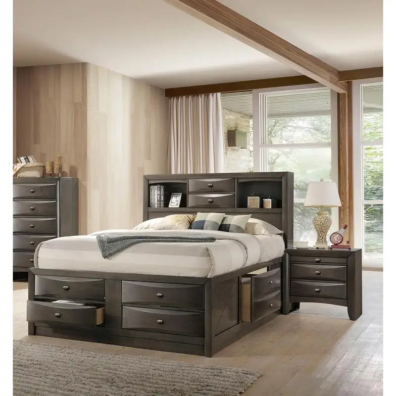 Contemporary King Size Bed Set with 2 Nightstands and Headboard in Gray - 3 Piece Bedroom Furniture