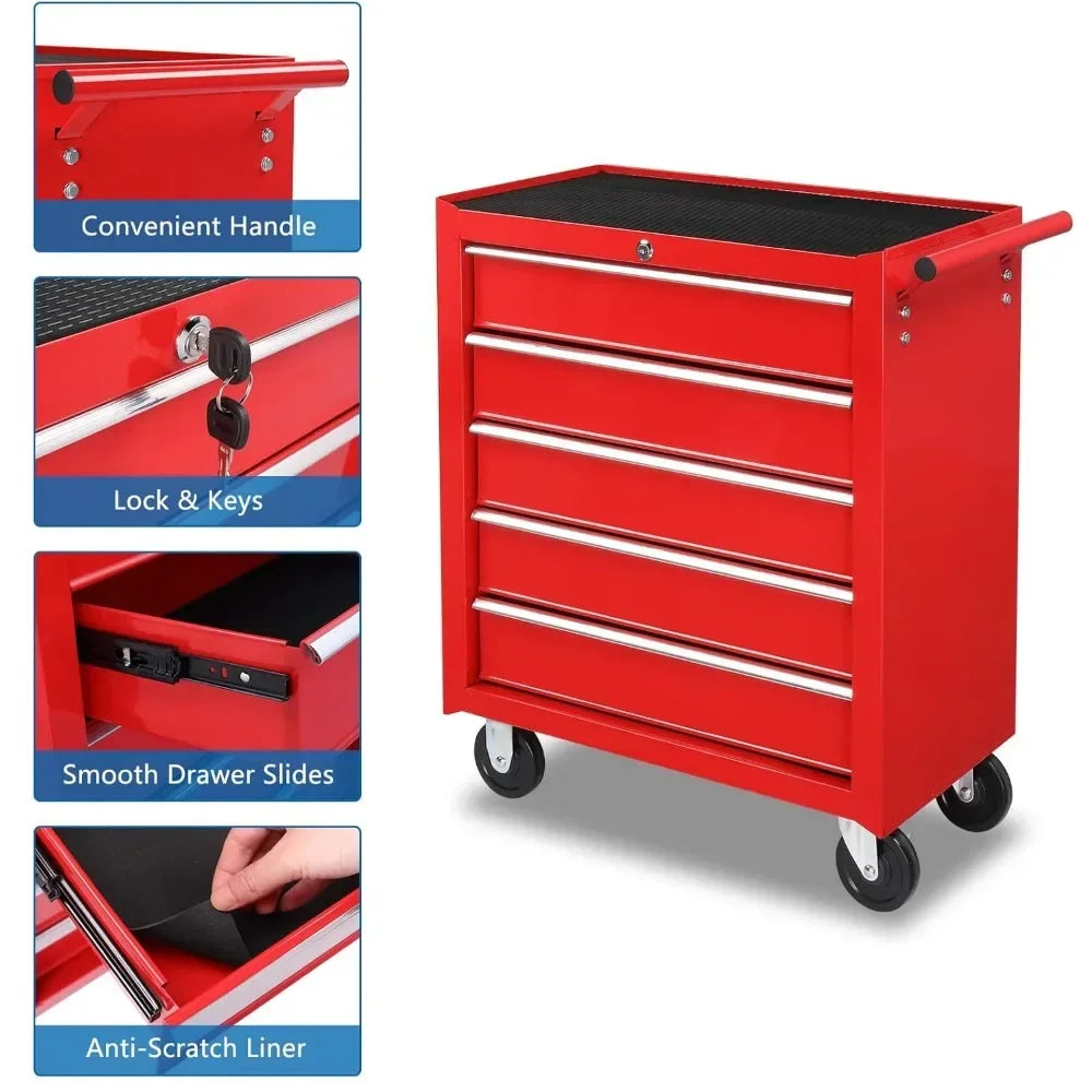 5-Drawer Rolling Tool Chest with Lockable Wheels | Storage Cabinet for Tools, Top Cushion & Liners for Garage and Workshop