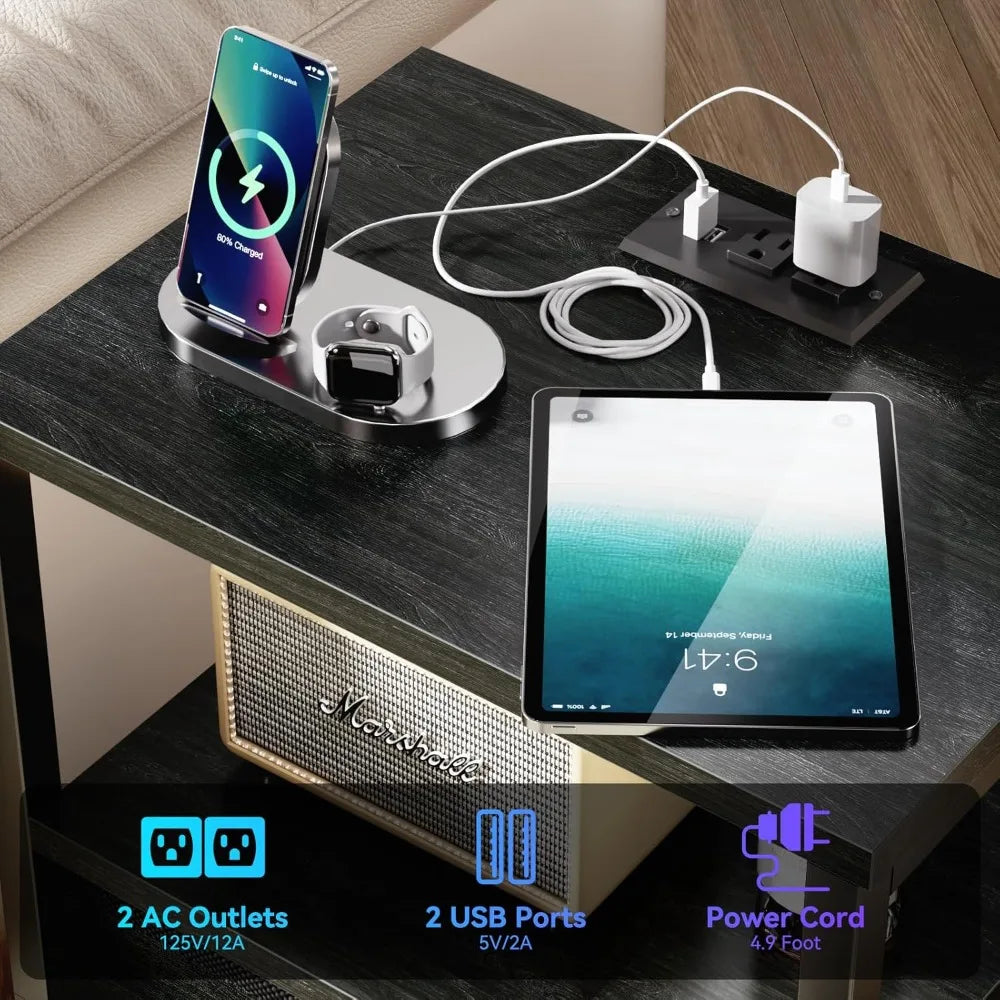 Nightstands Set of 2, End Tables w/Charging Station and LED Lights,Night Stands with 2 Fabric Drawers, Bedside Tables Set of 2