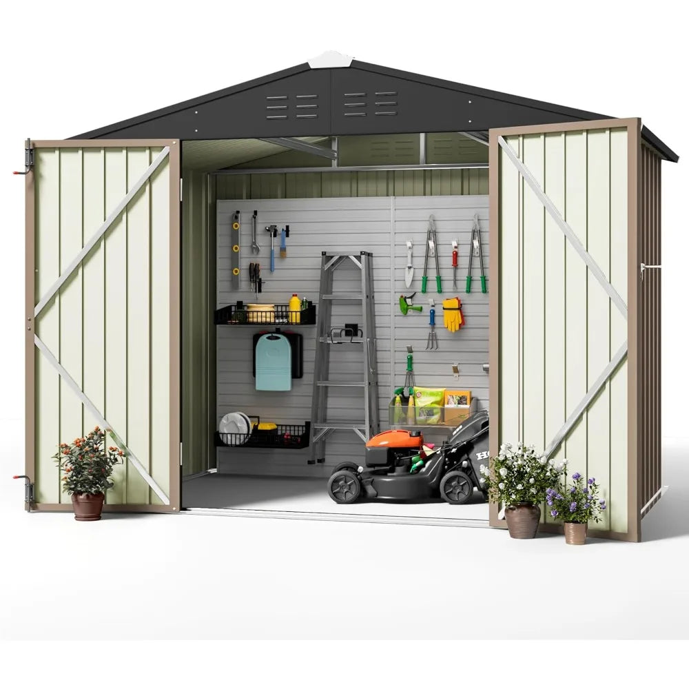 Outdoor Storage Shed 6 x 8 ft. Utility Tool Shed Metal Storage Garden Shed with Door & Lock for Patio Storage, Brown