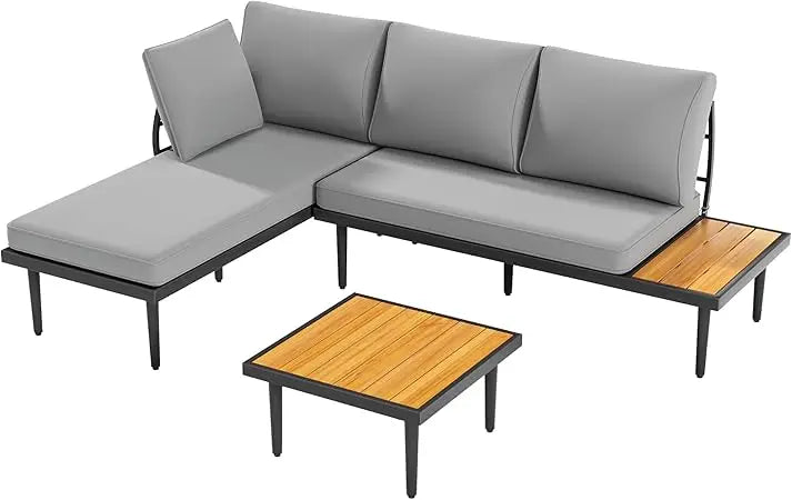 Outdoor Sectional Furniture Patio Sectional Sofa with Acacia Wood Table, Patio L-Shaped Conversation Set with All-Weather Cushi