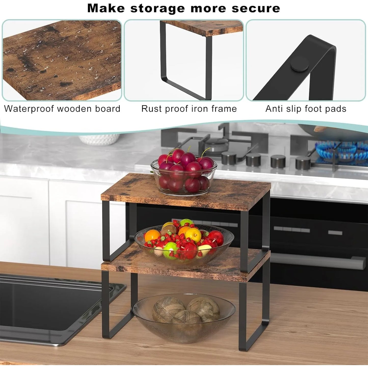 4-Pack Wooden Expandable Countertop Shelves - Stackable Organizer for Kitchen/Bathroom Cabinets, Brown