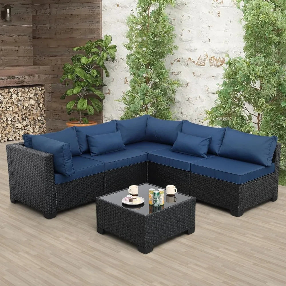 Rattaner Patio Sectional 6 Pieces All-Weather Wicker Patio Furniture Set Outdoor Sectional with Glass Patio Table Non-Slip Cushi