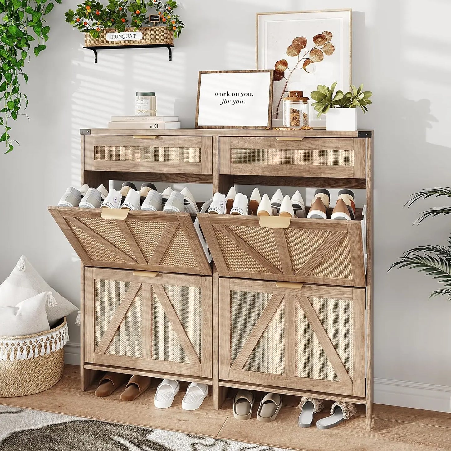 Shoe Cabinet with 2 Flip Drawers & 2 Drawers,Farmhouse Shoe Storage Cabinet for Entryway,Slim Freestanding Narrow Organizer Rack