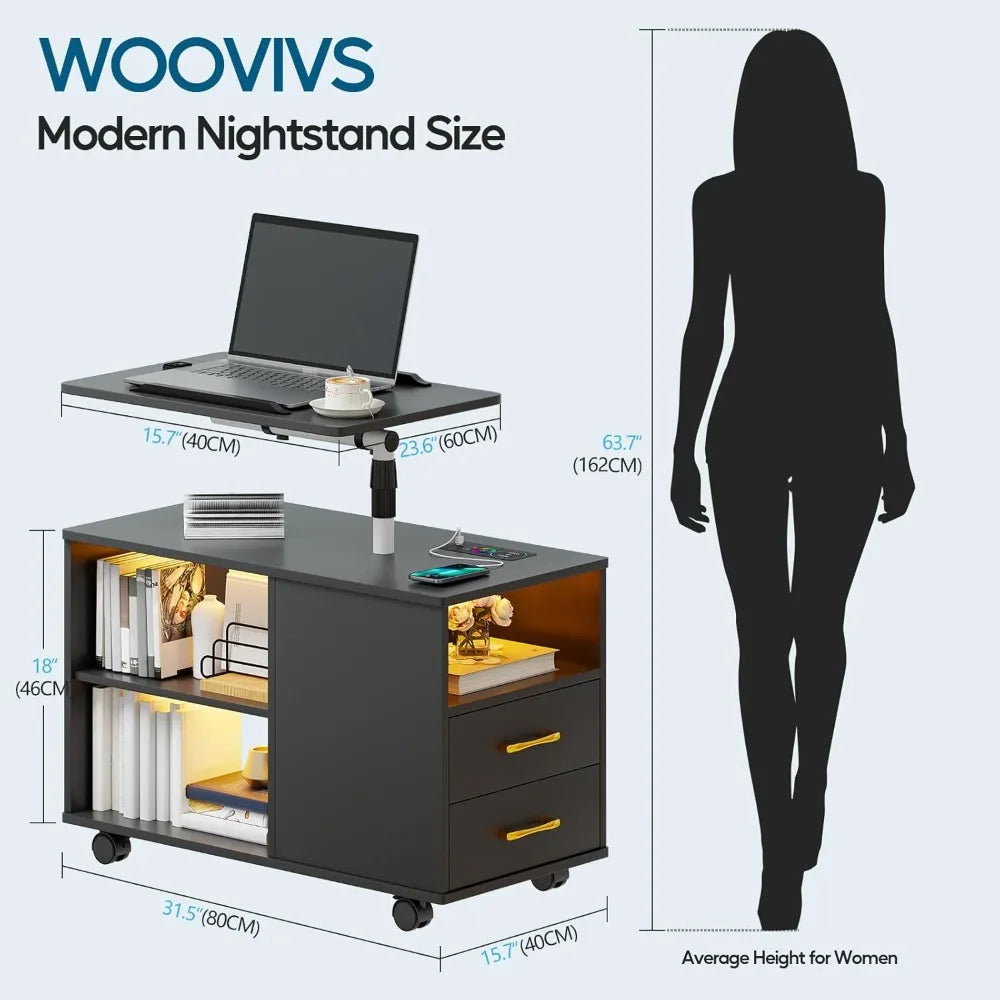 Nightstand with Charging Station, Bedside Table with LED Lights, Smart Side End Tabel Has Adjustable Rotary Table/Storage Drawer