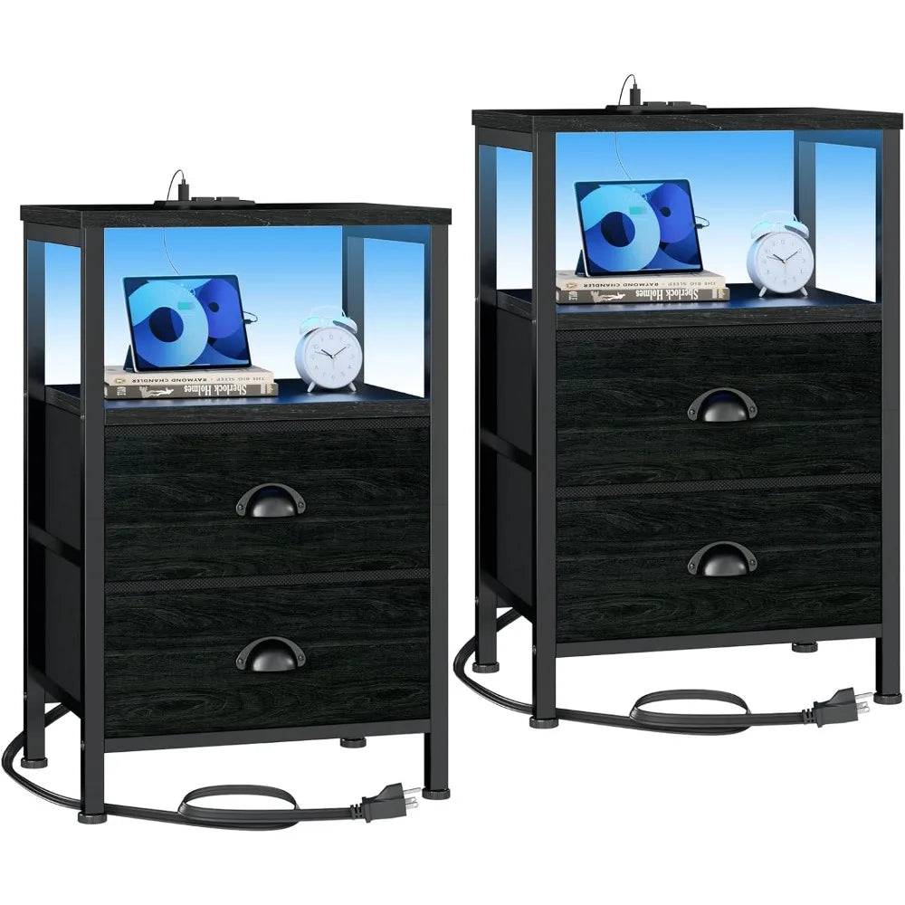 Nightstands Set of 2, End Tables w/Charging Station and LED Lights,Night Stands with 2 Fabric Drawers, Bedside Tables Set of 2