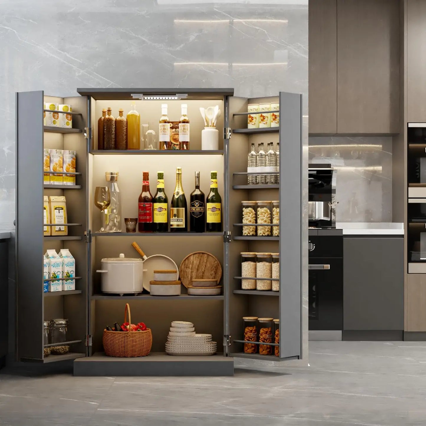 LED Kitchen Pantry Cabinet with 3 Adjustable Shelves and 2 Doors Wood Pantry Storage Cabinet with Handle for Kitchen Living Room