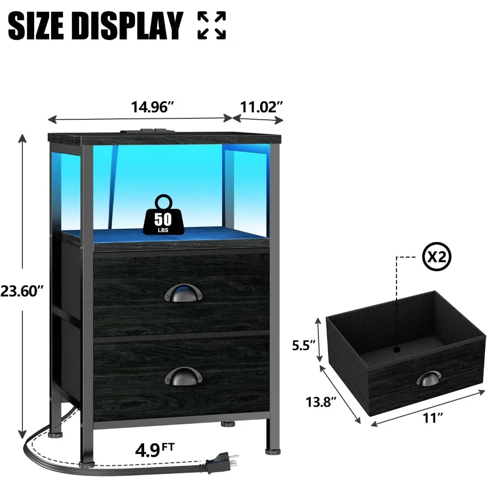 Nightstands Set of 2, End Tables w/Charging Station and LED Lights,Night Stands with 2 Fabric Drawers, Bedside Tables Set of 2