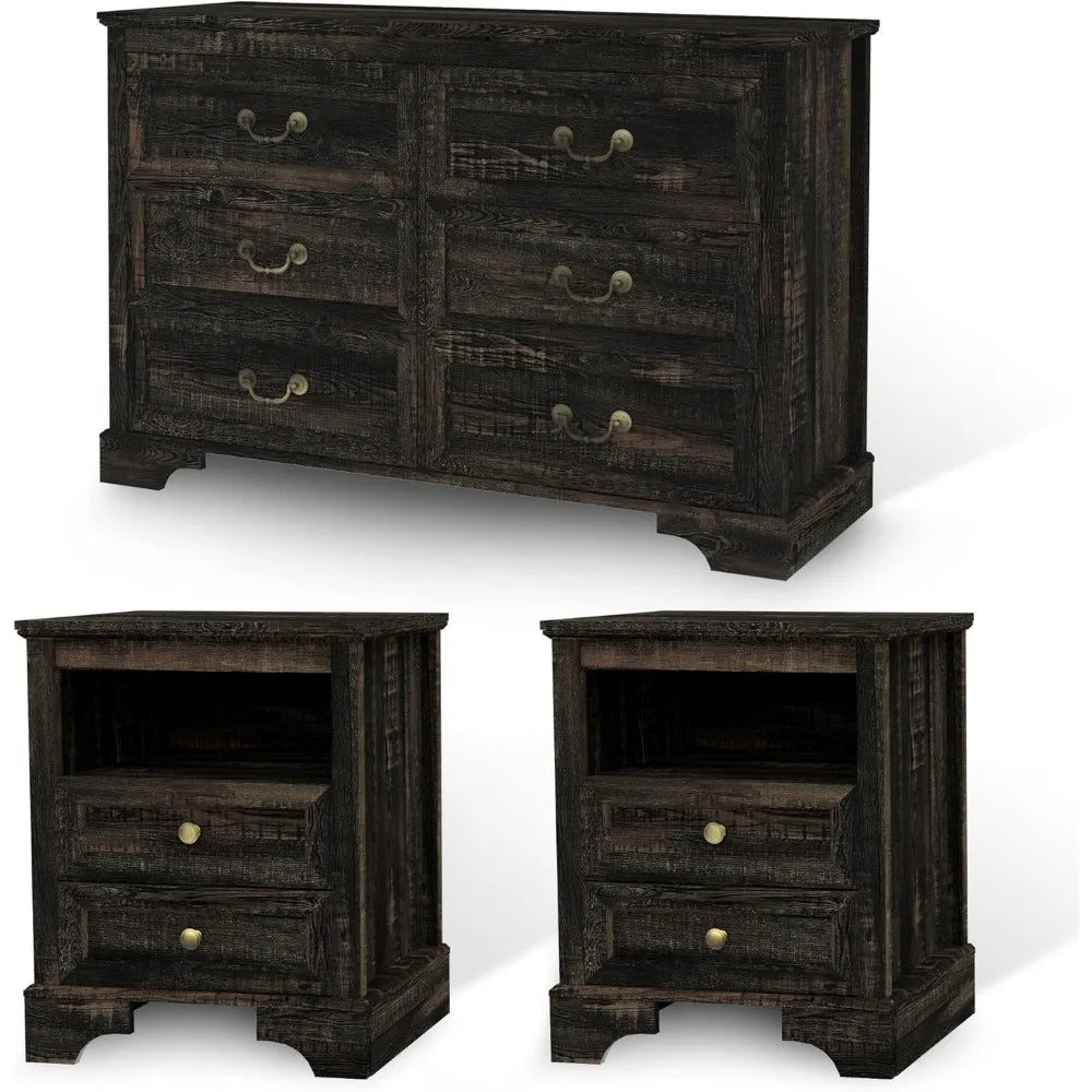 Farmhouse Bedroom Set, 3 Pieces Bedroom Furniture Set, Rustic Wood 6 Drawer Dresser and 2 Nightstands.