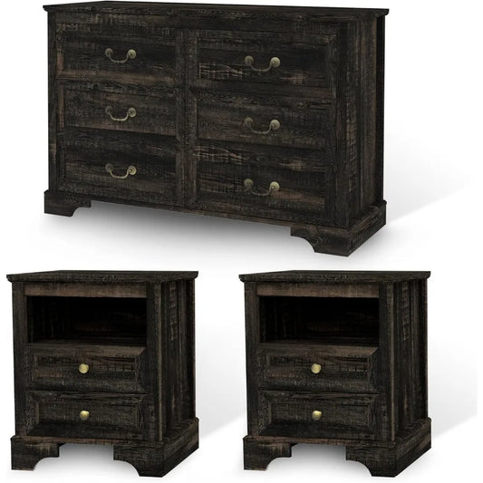 Farmhouse Bedroom Set, 3 Pieces Bedroom Furniture Set, Rustic Wood 6 Drawer Dresser and 2 Nightstands.