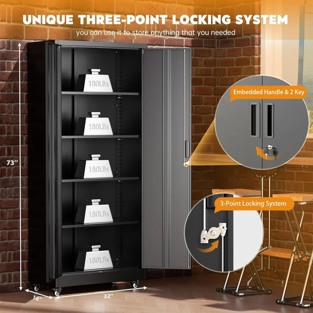 36" Metal Storage Cabinet with Wheels, Lockable Rolling Metal Garage Cabinets with 2 Doors and 4 Adjustable Shelves, Rolling To