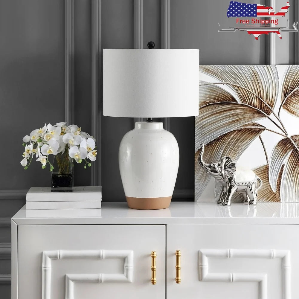 Stylish Mid Century Table Lamp Ceramic Base Drum Shade LED Compatible Home Lighting Fixture