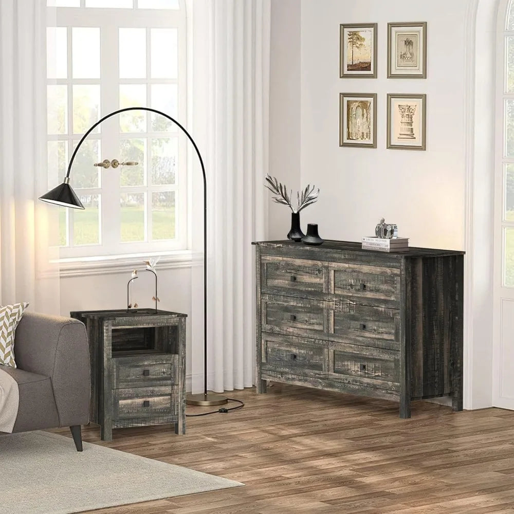 Farmhouse Bedroom Set, 3 Pieces Bedroom Furniture Set, Rustic Wood 6 Drawer Dresser and 2 Nightstands.