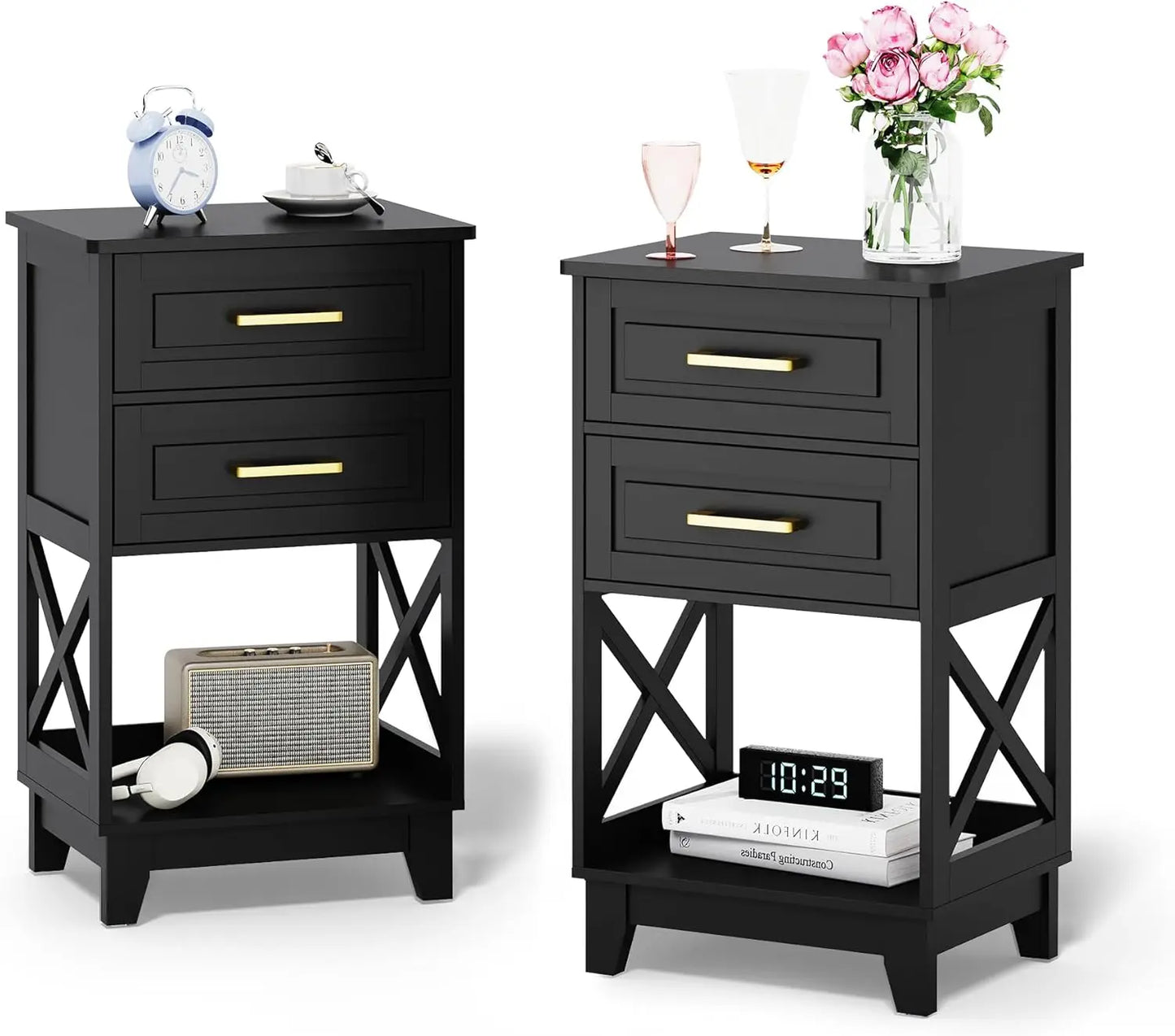 30" Tall Nightstand Set of 2, Black Beside Table with 2 Drawers and Open Shelf Below, Modern Night Stand End Table for Bedroom,