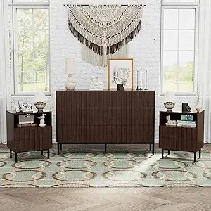 Modern 6-Drawer Solid Wood Dresser and Pair of Nightstands Set, 43" Wide for Bedroom