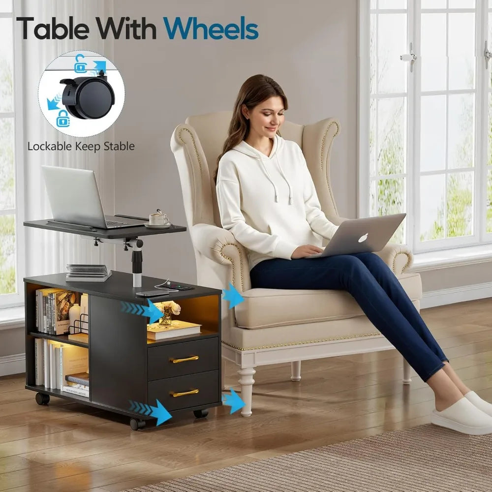 Nightstand with Charging Station, Bedside Table with LED Lights, Smart Side End Tabel Has Adjustable Rotary Table/Storage Drawer