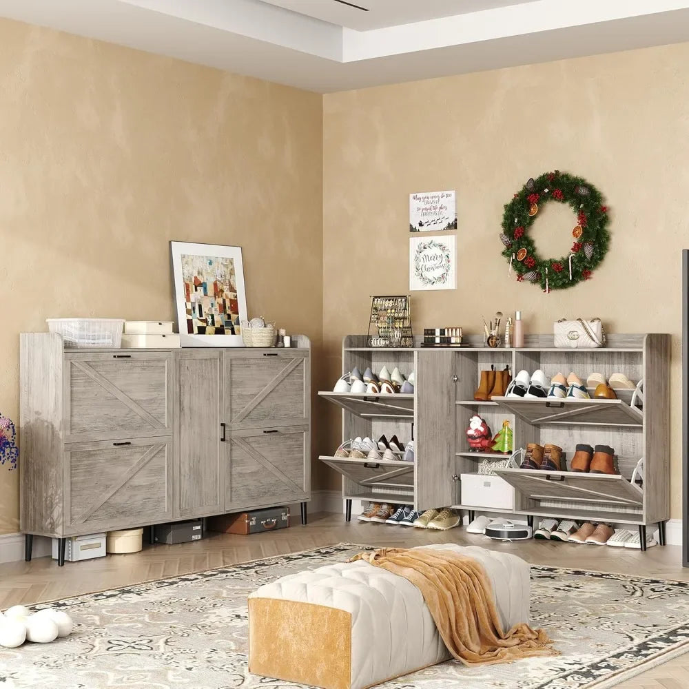 Large Shoe Cabinet with 4 Flip Drawers, Farmhouse Narrow Shoe Organizer Cabinet for Entryway, Hidden Shoe Rack w/ Adjustable Sto