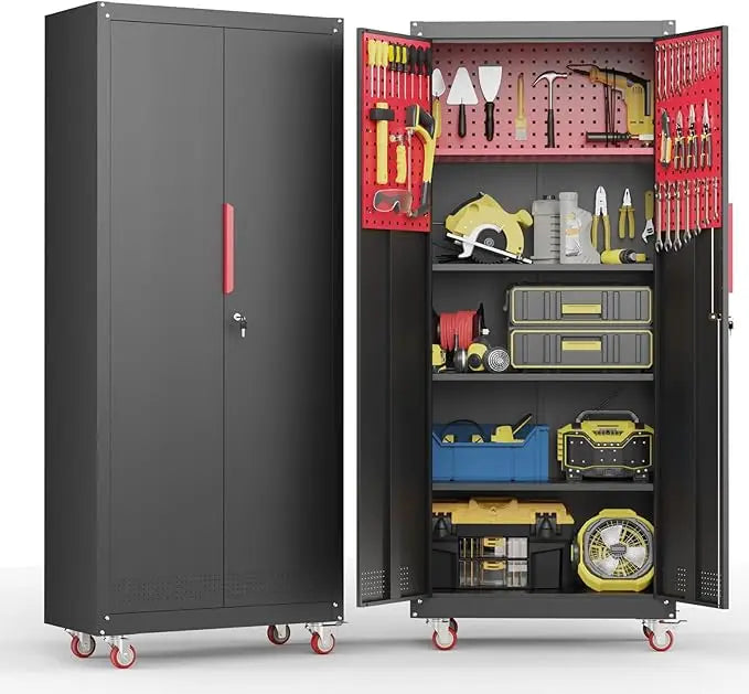71" Metal Garage Storage Cabinet, Metal Garage Cabinets with Wheels,Tool Storage Cabinet with 5 Adjustable Shelves, Locking Stee