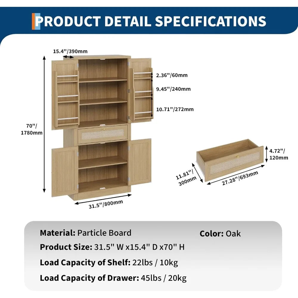 70inch Tall Kitchen Pantry, Rattan Cupboard Storage Cabinet with 1 Drawer and 6 Door Shelves for Dinning Living Room