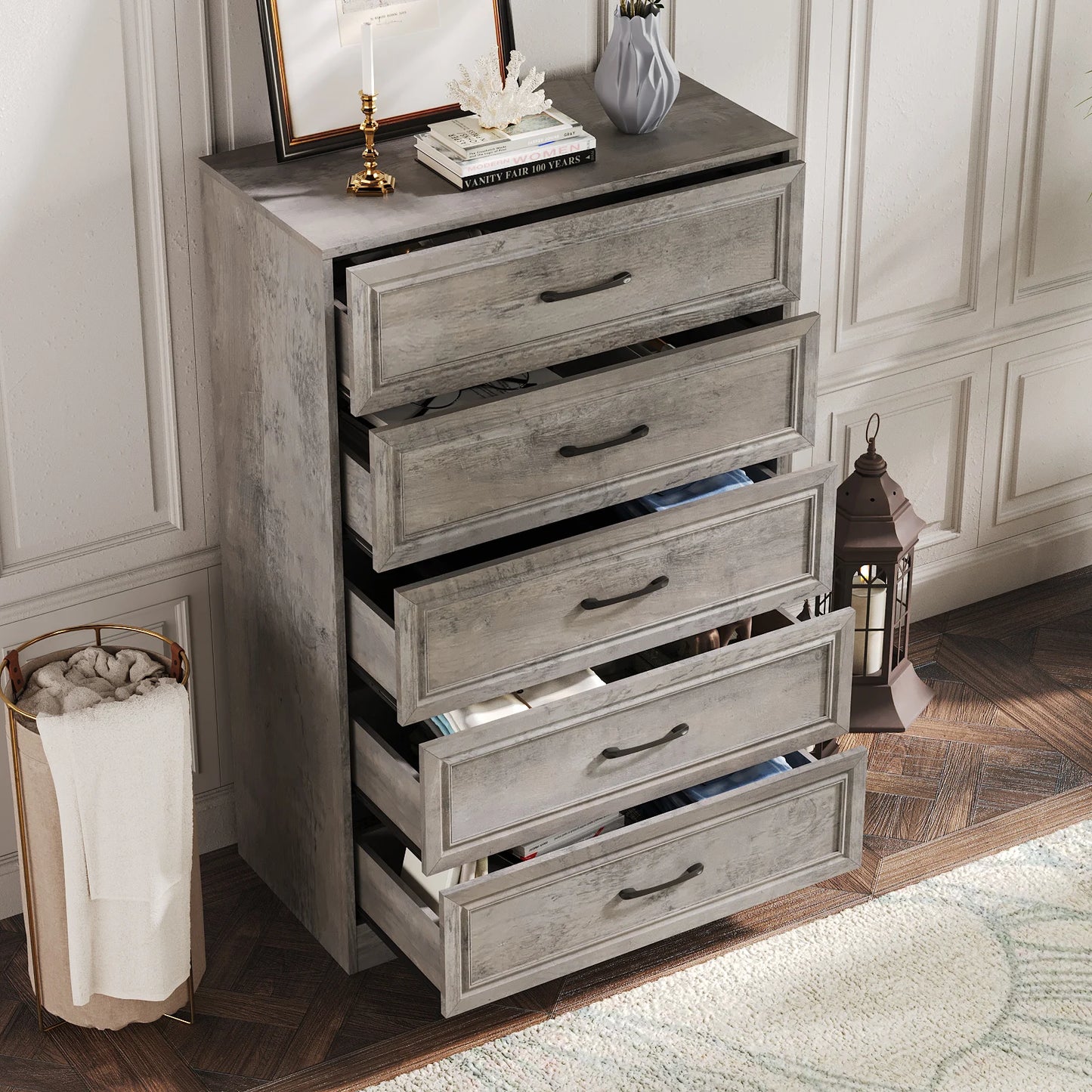 Vabches Dresser for Bedroom Wooden Chest of Drawers with Metal Handles 47'' Tall 5 Drawer Dresser Storage Organizer for Hallway