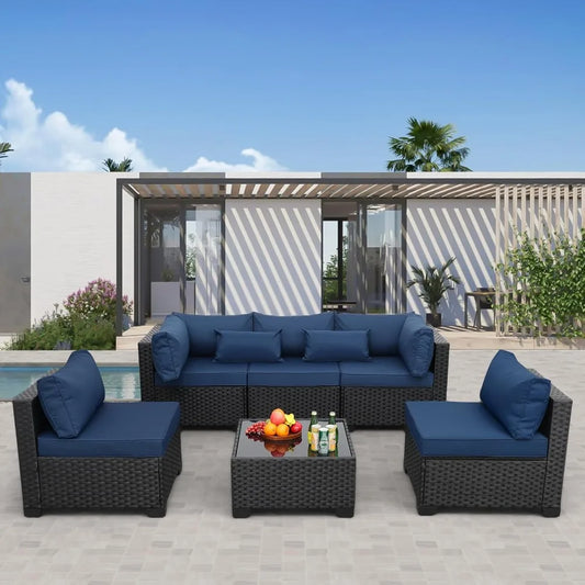 Rattaner Patio Sectional 6 Pieces All-Weather Wicker Patio Furniture Set Outdoor Sectional with Glass Patio Table Non-Slip Cushi