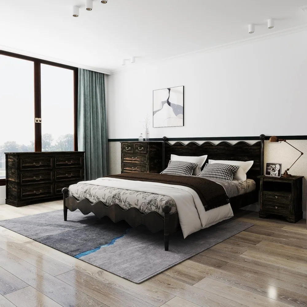 Farmhouse Bedroom Set, 3 Pieces Bedroom Furniture Set, Rustic Wood 6 Drawer Dresser and 2 Nightstands.