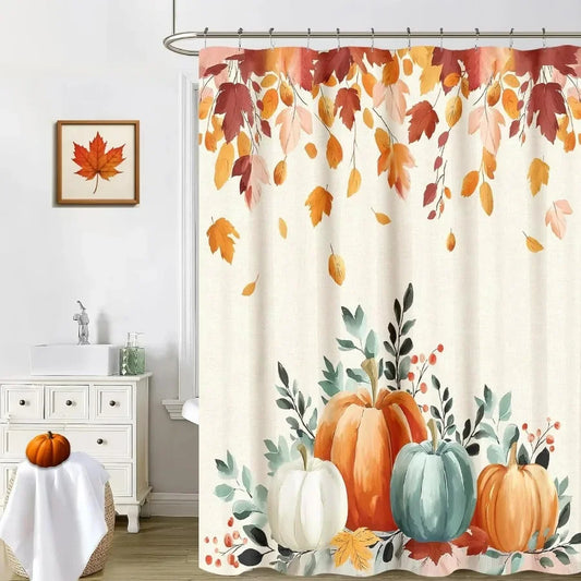Autumn Pumpkin Fall Shower Curtain for Halloween Thanksgiving Harvest Maple Leaf Floral Bathroom Decor Waterproof Polyester Fab