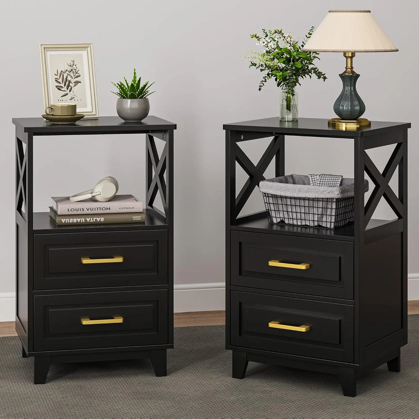 30" Tall Nightstand Set of 2, Black Beside Table with 2 Drawers and Open Shelf Below, Modern Night Stand End Table for Bedroom,