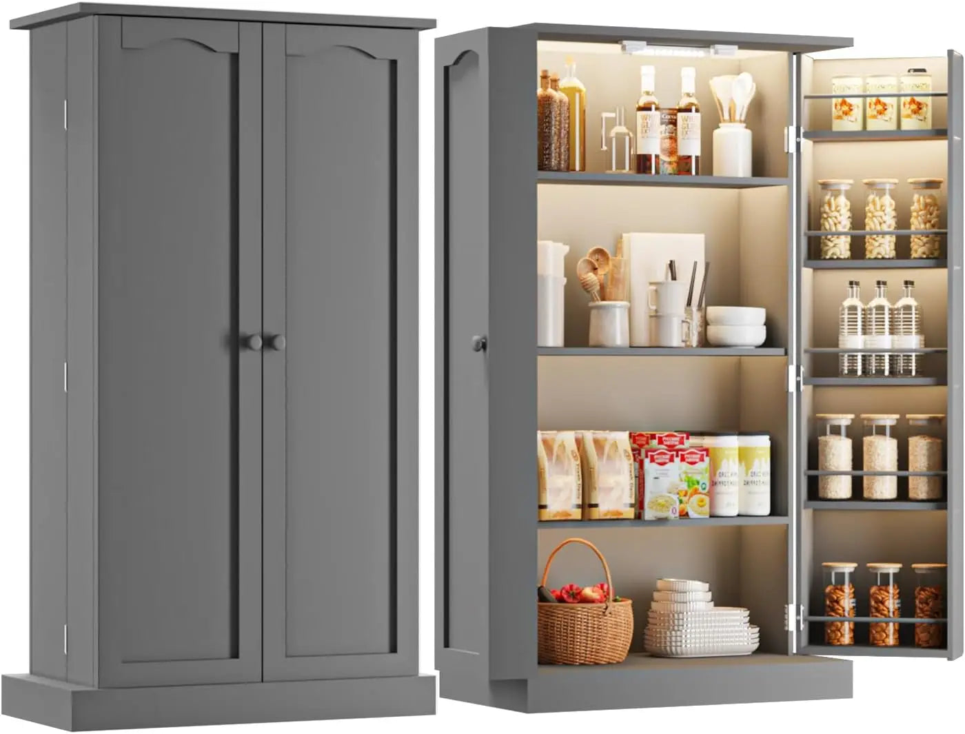 LED Kitchen Pantry Cabinet with 3 Adjustable Shelves and 2 Doors Wood Pantry Storage Cabinet with Handle for Kitchen Living Room